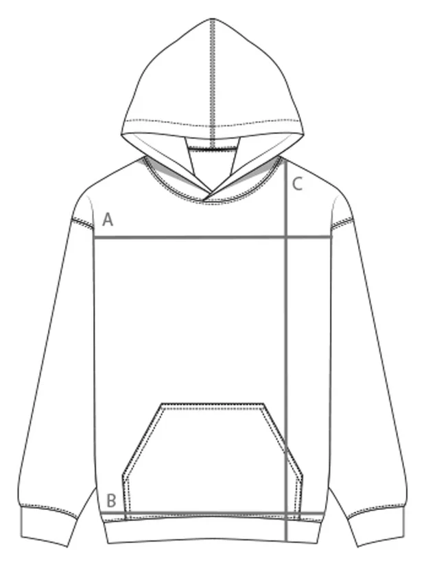 Maßskizze Hoodie mit Markierungen A, B und C