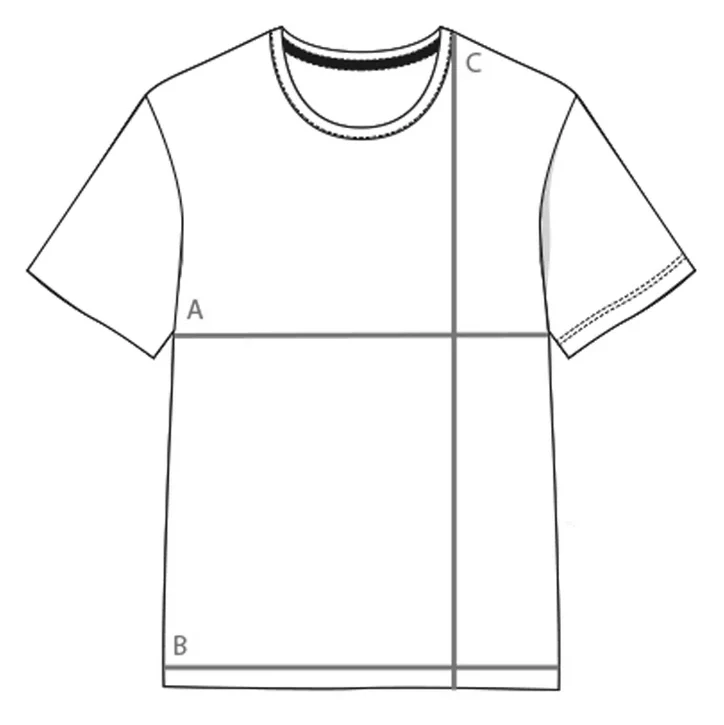 Maßskizze T-Shirt mit Markierungen A, B und C